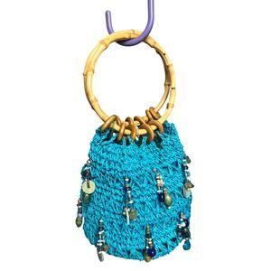 Wooden Handle Turquoise Blue Crocheted Beaded Small Handbag
